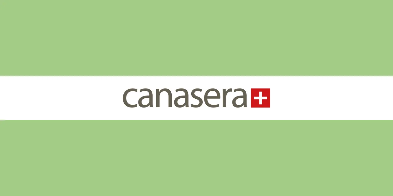 Canasera wordmark and red square with a white cross logo, on a white horizontal band against a mid-green field.