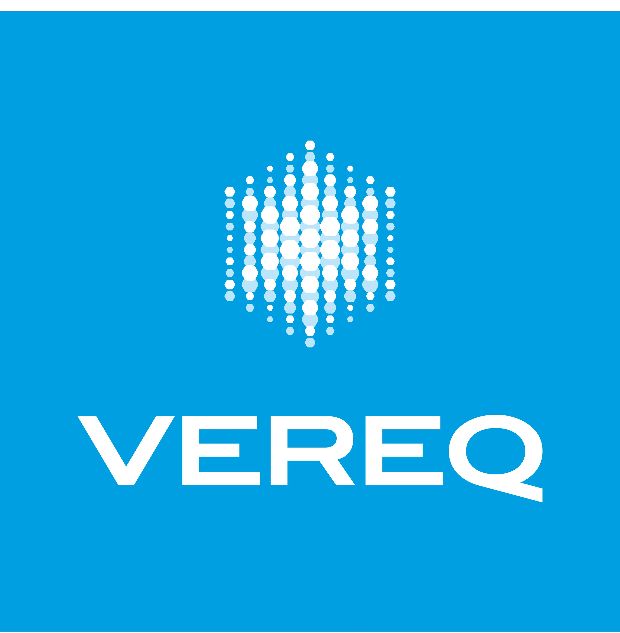 Vereq vertical logo lockup white on a cyan field